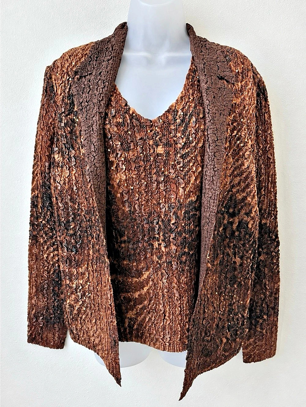 Alberto Makali 2 Piece Textured Sequin Tank & Jacket Set XL Brown Metallic